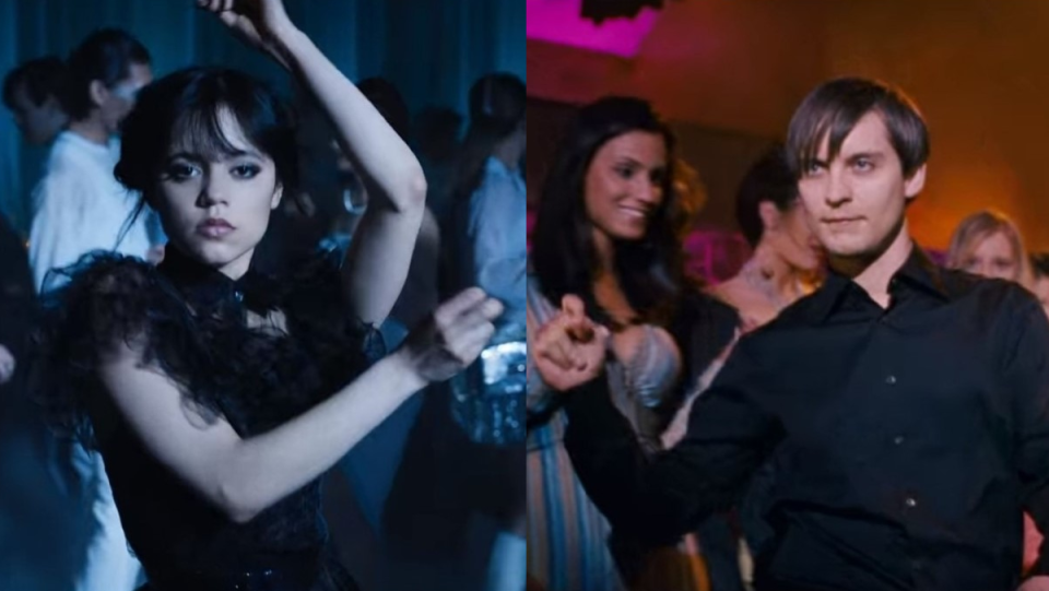 A side by side of Wednesday Addams in Wednesday and Peter Parker in Spider-Man 3 dancing