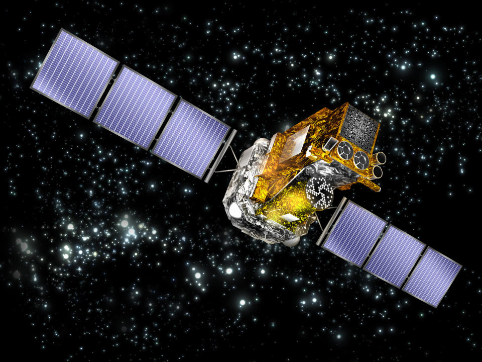 Illustration of a solar winged spacecraft with a gold, metallic coating.