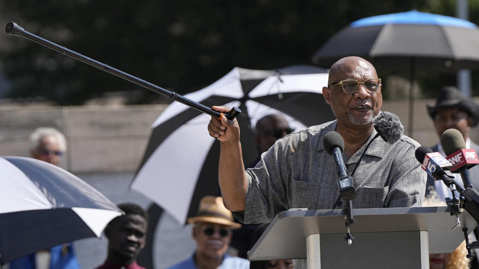 Bishop Reginald Jackson, with the African Methodist Episcopal Church, speaks in support of Fulton County District Attorney Fani Willis and others inside the court system during a prayer vigil and rally, Wednesday, Aug. 23, 2023, in Atlanta. (AP Photo/Mike Stewart)