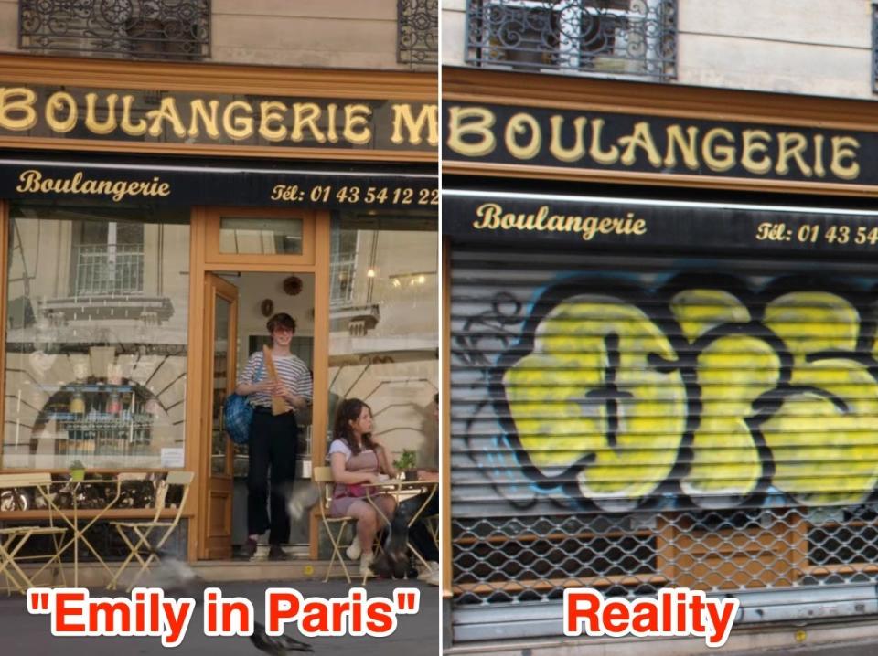 The Boulangerie Moderne in "Emily in Paris" (L) and in reality (R).