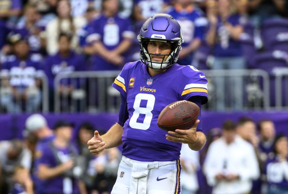 MINNEAPOLIS, MN - SEPTEMBER 25: Kirk Cousins #8 of the Minnesota Vikings warms up prior to the game against the Detroit Lions at U.S. Bank Stadium on September 25, 2022 in Minneapolis, Minnesota. (Photo by Stephen Maturen/Getty Images)