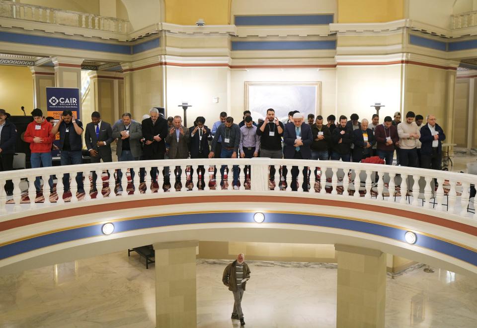 Imam Imad Enchassi leads the Dhuhur Prayer on Monday. It was Muslim Day at the Oklahoma Capitol.