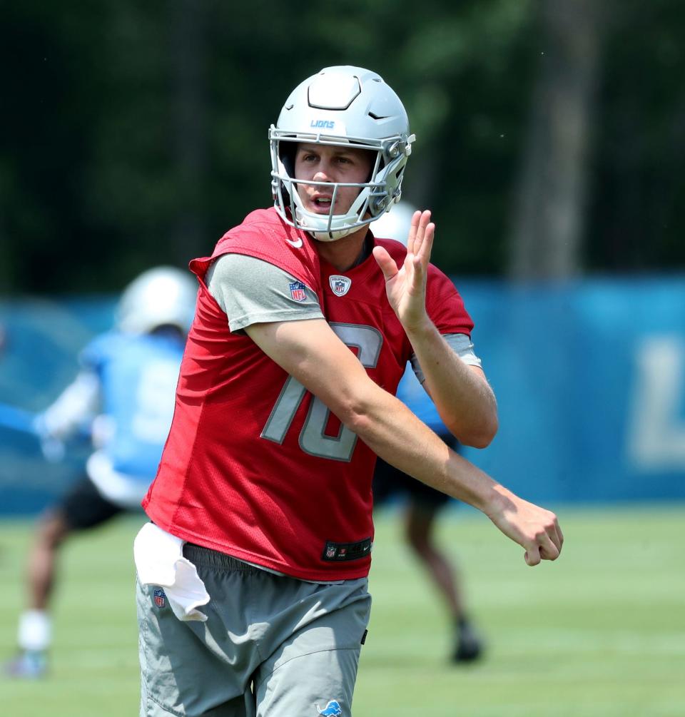 Lions quarterback Jared Goff goes through passing drills during minicamp on Thursday, June 8, 2023, in Allen Park.