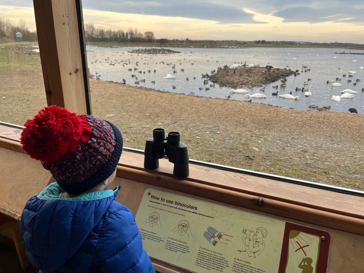 Jennifer Sizeland's son wearing a beanie and blue jacket while holding binoculars.