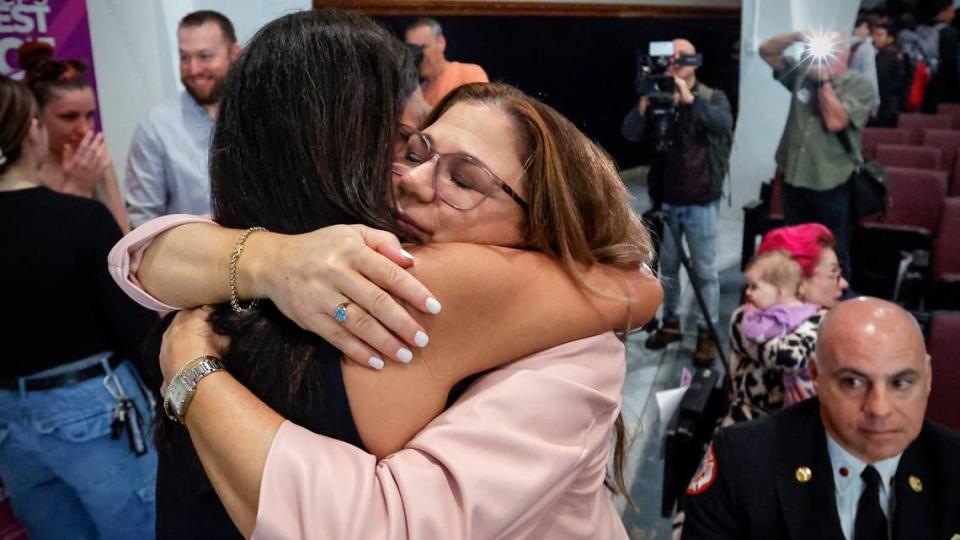 Shannon Melendi’s sister, Monique Melendi, hugs her former counselor Angela King after presentations during the 30th Commemorative Senior Safety Assembly sponsored by the Shannon Melendi 30th Commemorative Committee at Southwest Miami Senior High School in Miami, Florida on Tuesday, March 19, 2024. Shannon Melendi was a 1992 Honors Graduate from Southwest Miami Senior High School, attending college at Emory University in Atlanta, Georgia. On March 26, 1994, while on a break from work, Shannon was kidnapped, raped, and murdered by Colvin “Butch” Hinton. Hinton was convicted and sentenced to life in prison in 2005, with the possibility of parole. He is again eligible for parole in January, 2025.