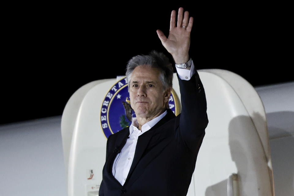 U.S. Secretary of State Antony Blinken boards a plane to travel as he departs Crete for Amman, the next stop on his week-long trip aimed at calming tensions across the Middle East, in Crete, Greece, Saturday, Jan. 6, 2024. (Evelyn Hockstein/Pool Photo via AP)