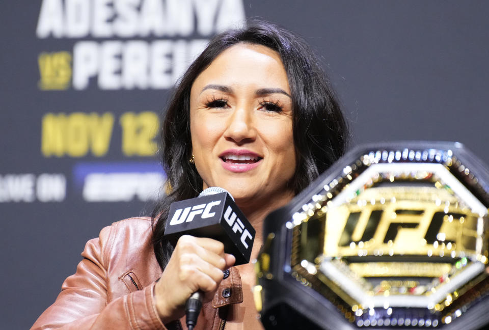NEW YORK, NEW YORK - NOVEMBER 09: Carla Esparza is seen on stage during the UFC 281 press conference at Madison Square Garden on November 09, 2022 in New York City. (Photo by Chris Unger/Zuffa LLC)
