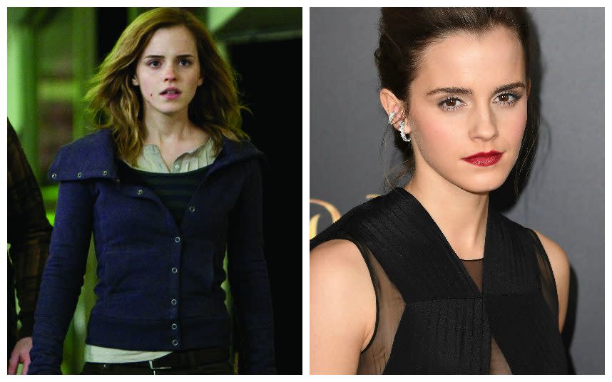 Emma Watson in Harry Potter, and Emma Watson at a premiere for Beauty and the Beast - Credit: Film Stills (L); ANGELA WEISS/AFP/Getty Images (R)