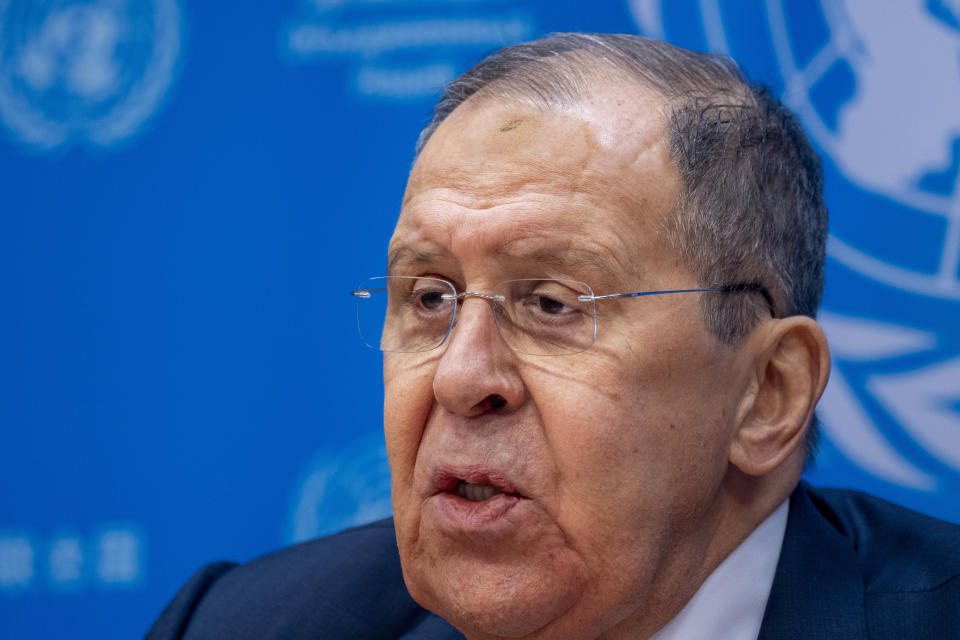 Russia Foreign Minister Sergey Lavrov speaks at a media briefing on Wednesday, Jan. 24, 2024, at United Nations Headquarters. (AP Photo/Peter K. Afriyie)