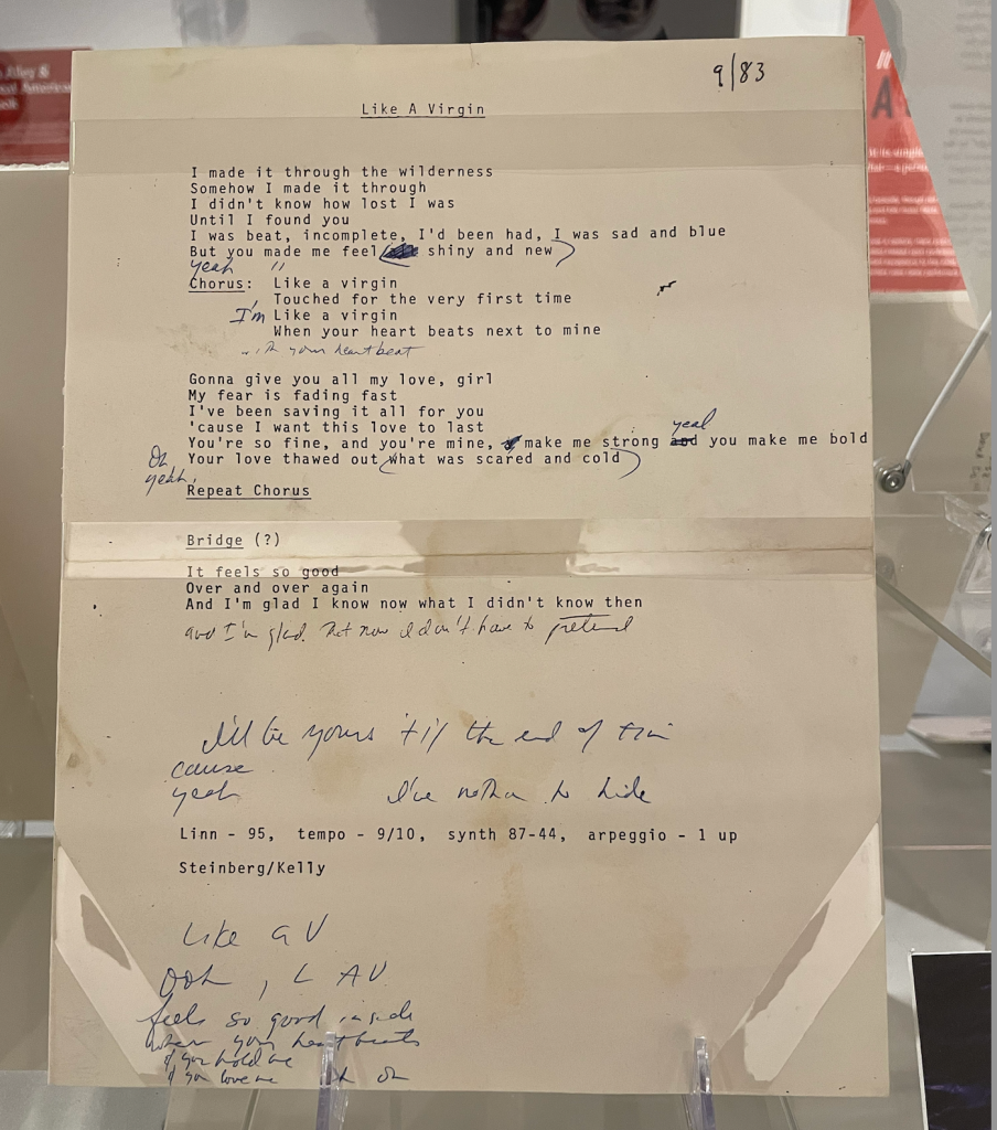 Typed lyrics for ‘Like a Virgin,’ on display at the Grammy Museum