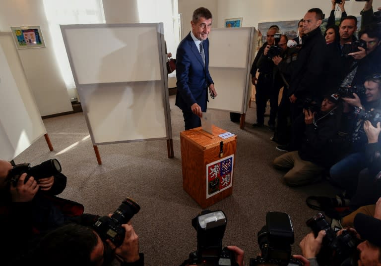 Czech billionaire Andrej Babis, chairman of the anti-migrant ANO movement, casts his ballot at a polling station near Prague in an election that could see the 'Czech Trump' take power