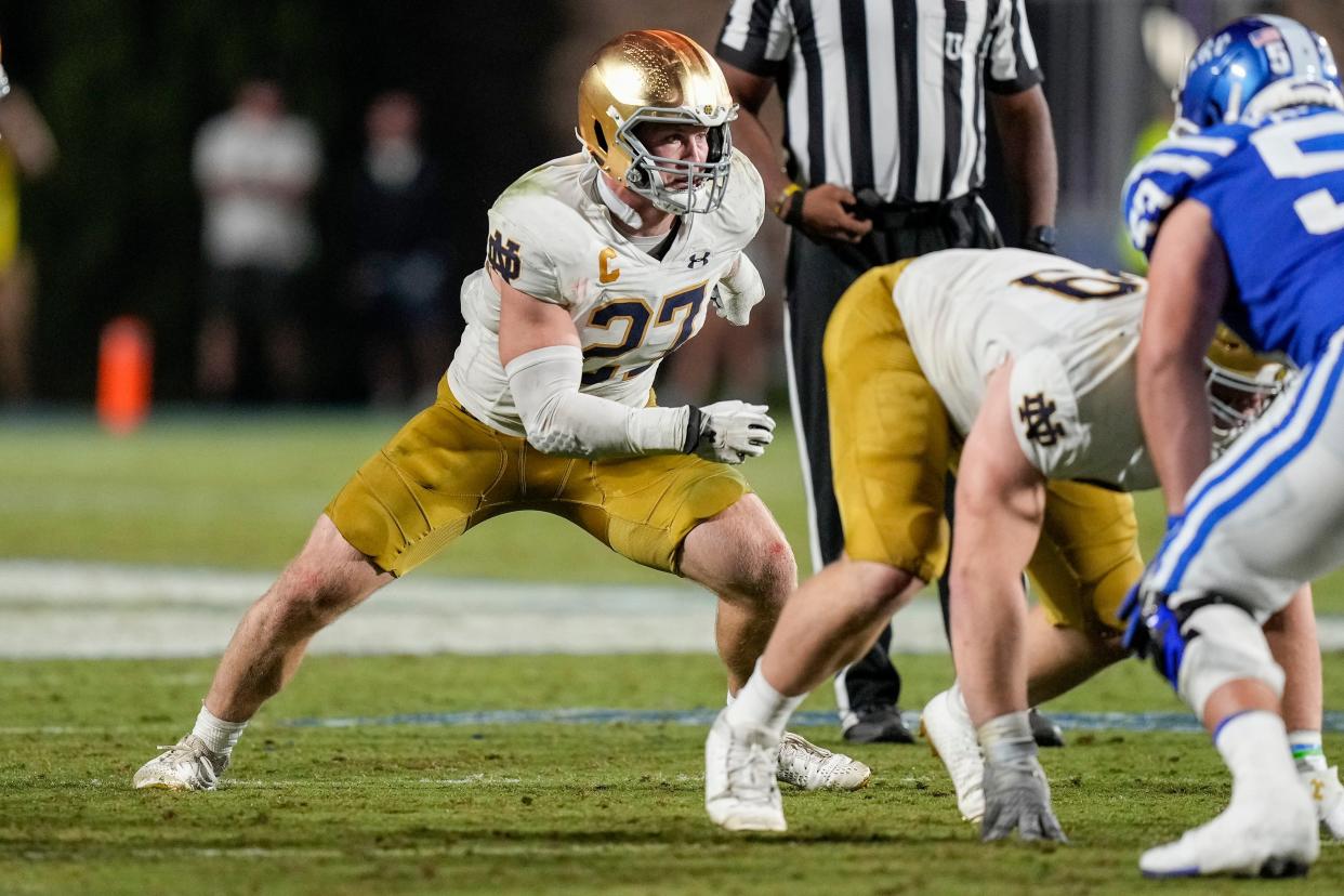 Sep 30, 2023; Durham, North Carolina, USA; Notre Dame Fighting Irish linebacker JD Bertrand (27) during the second half against the Duke Blue Devils at Wallace Wade Stadium. Mandatory Credit: Jim Dedmon-USA TODAY Sports