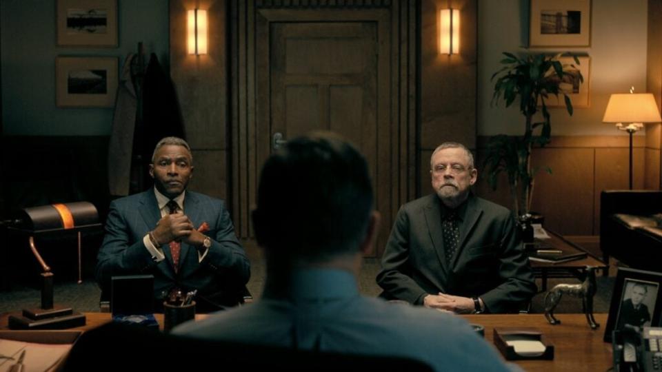 Carl Lumbly as C. Auguste Dupin, Nicholas Lea as Judge John Neal, Mark Hamill as Arthur Pym in "The Fall of the House of Usher" (Photo Credit: Netflix)