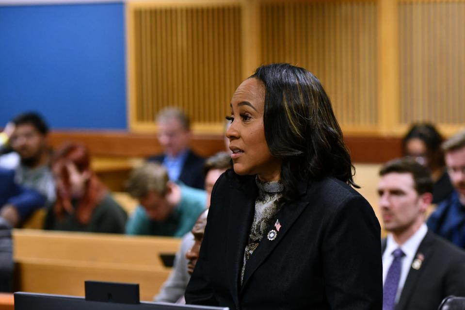 Fulton County District Attorney Fani Willis appears before Judge Scott McAfee for a hearing in the 2020 Georgia election interference case at the Fulton County Courthouse on November 21, 2023 in Atlanta, Georgia. Judge McAfee heard arguments as to whether co-defendant Harrison Floyd should be sent to jail for social media posts and comments that potentially targeted witnesses in the trial. McAfee declined to revoke Floyd's bond. Floyd was charged along with former US President Donald Trump and 17 others in an indictment that accuses them of illegally conspiring to subvert the will of Georgia voters in the 2020 presidential election.