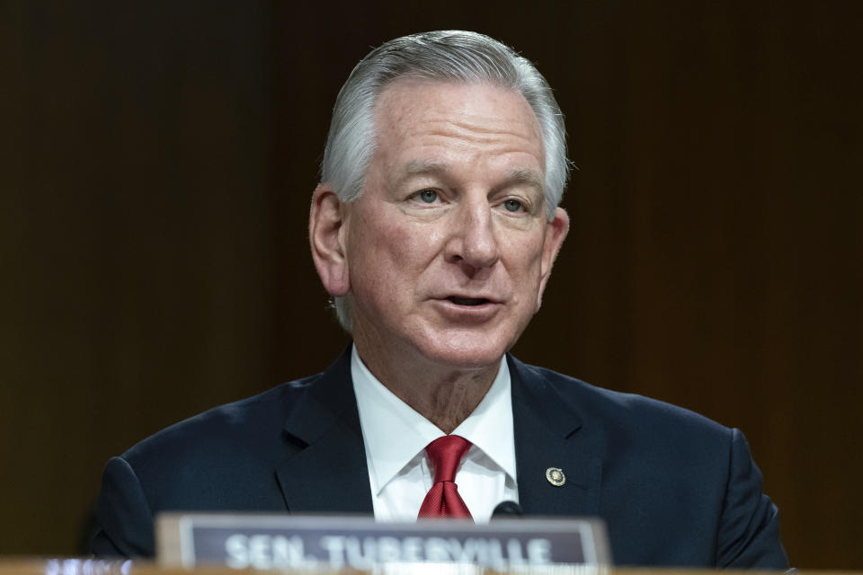 Sen. Tommy Tuberville, R-Ala., speaks during the Senate Agriculture, Nutrition, and Forestry Subcommittee on Commodities, Risk Management, and Trade on Commodity Programs, Credit and Crop Insurance hearing at Capitol Hill in Washington, Tuesday, May 2, 2023, (AP Photo/Jose Luis Magana)