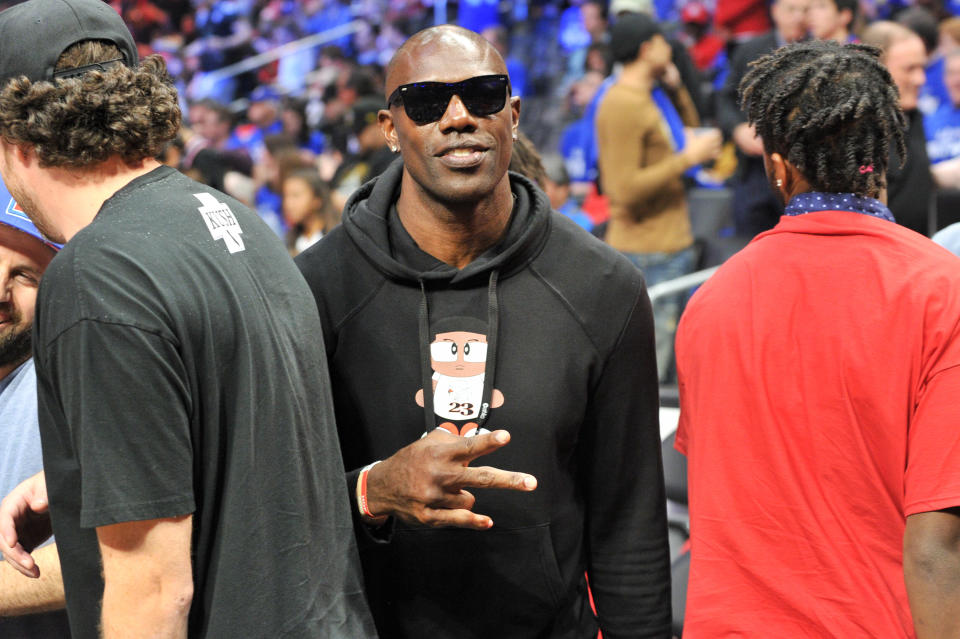 Terrell Owens attends an NBA playoffs basketball game between the Los Angeles Clippers and the Golden State Warriors at Staples Center on April 18, 2019 in Los Angeles, California. (Photo by Allen Berezovsky/Getty Images)