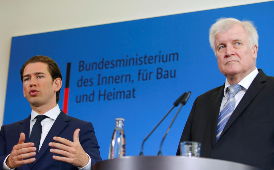 German Interior Minister Horst Seehofer and Austrian Chancellor Sebastian Kurz attend a news conference in Berlin on June 13. (Photo: Joachim Herrmann / Reuters)