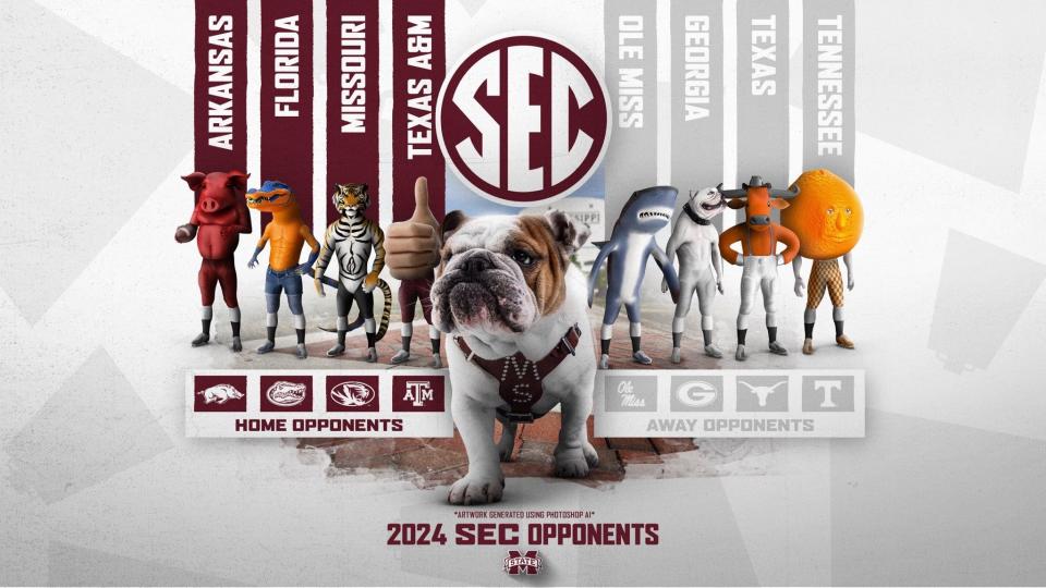 Mississippi State football's graphic, which was made with the help of artificial intelligence, for the reveal of the 2024 SEC opponents.