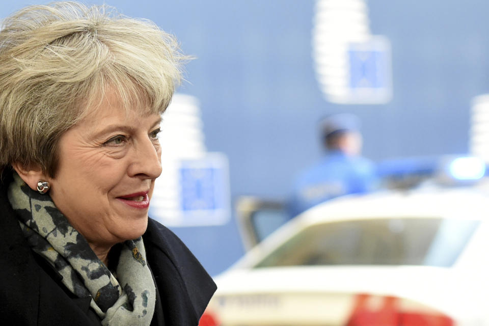 British Prime Minister Theresa May arrives for an EU summit in Brussels, Thursday, Dec. 13, 2018. EU leaders gather Thursday for a two-day summit which will center on the Brexit negotiations. (John Thys, Pool Photo via AP)