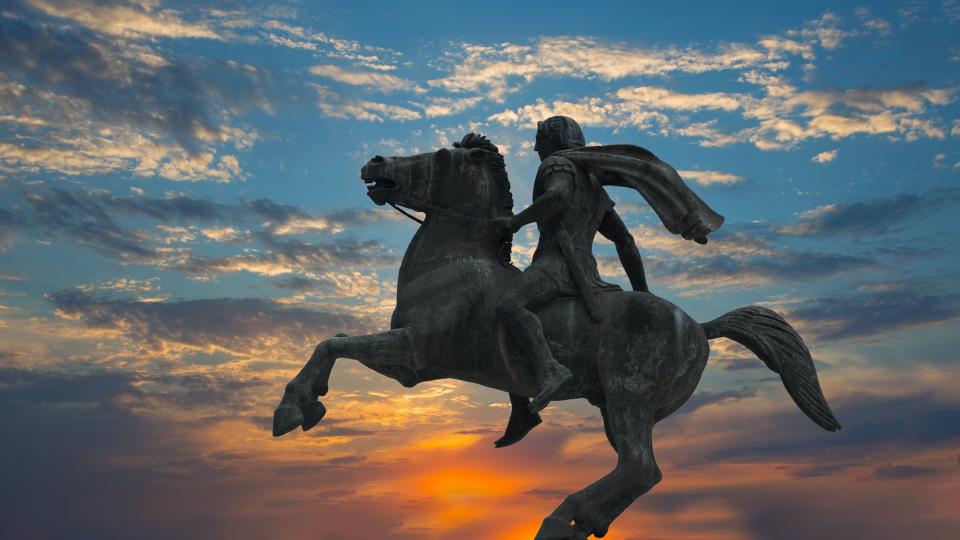A  sculpture of Alexander the Great riding his horse Bucephalus in Thessaloniki, a port city in Greece.