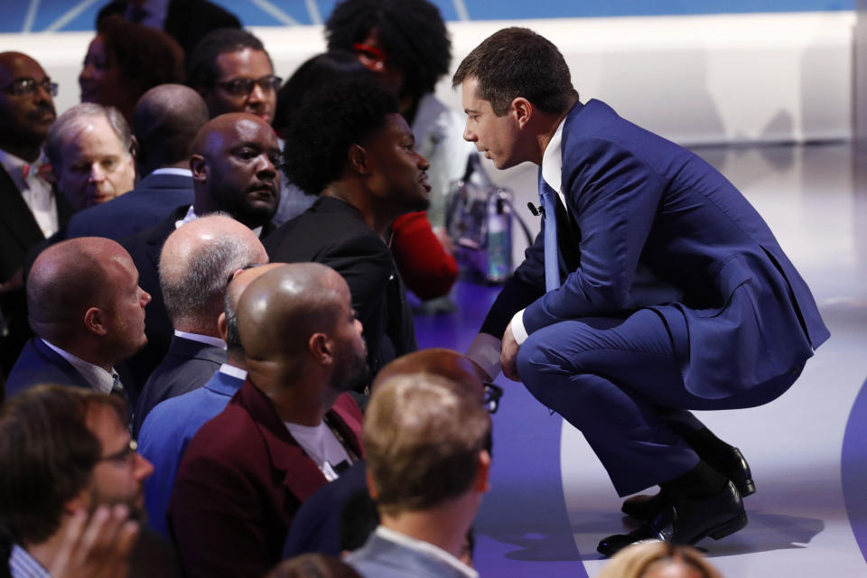 Democratic presidential candidate former South Bend Mayor Pete Buttigieg greets people after a Democratic presidential primary debate at the Gaillard Center, Tuesday, Feb. 25, 2020, in Charleston, S.C., co-hosted by CBS News and the Congressional Black Caucus Institute. (AP Photo/Patrick Semansky)