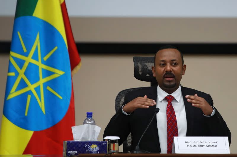 FILE PHOTO: Ethiopia's Prime Minister Abiy Ahmed speaks during a question and answer session with lawmakers in Addis Ababa