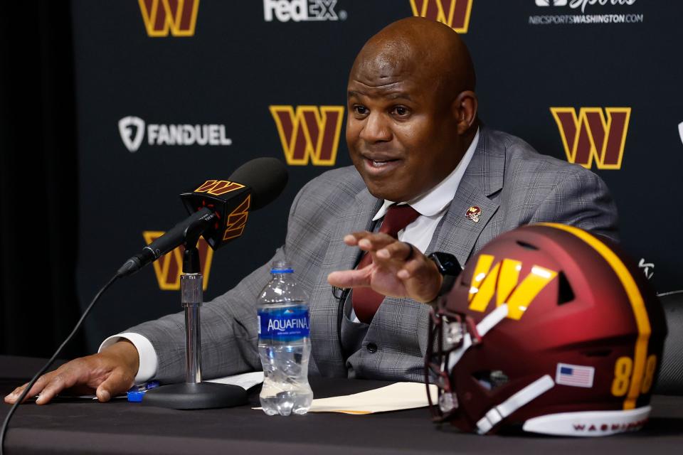 Eric Bieniemy speaks after being introduced as the new Washington Commanders offensive coordinator and assistant head coach during an introductory press conference at Commanders Park.