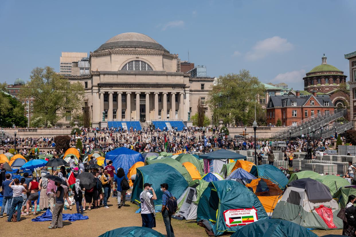 Israel-Hamas war protesters remain in an encampment on the campus of Columbia University on April 29, 2024, in New York.