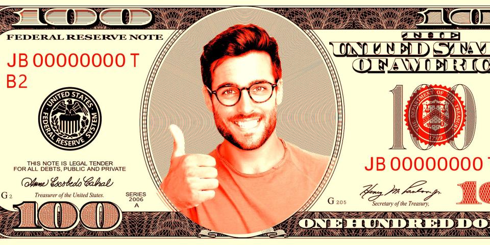 A young man in the center of a $100 bill