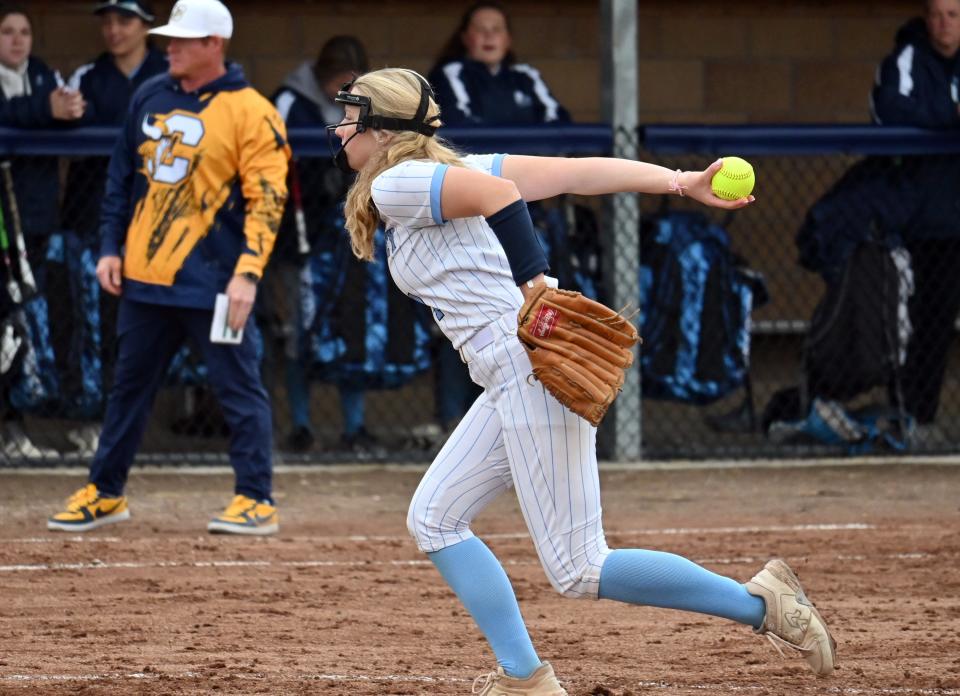 Petoskey pitcher Sammy Wodek goes through her windup during an inning in the opener against Cadillac Tuesday.