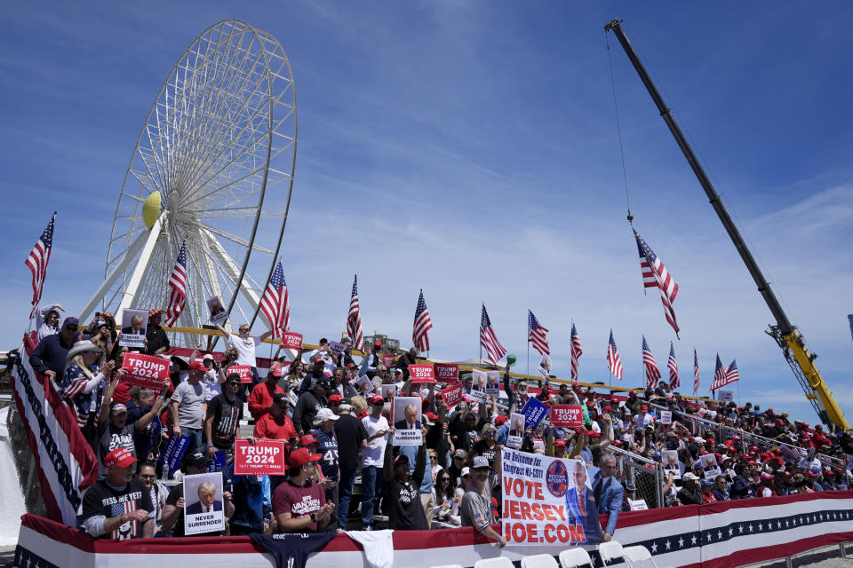 People gather ahead of a campaign rally for Republican presidential candidate former President Donald Trump in Wildwood, N.J., Saturday, May 11, 2024. (AP Photo/Matt Rourke)