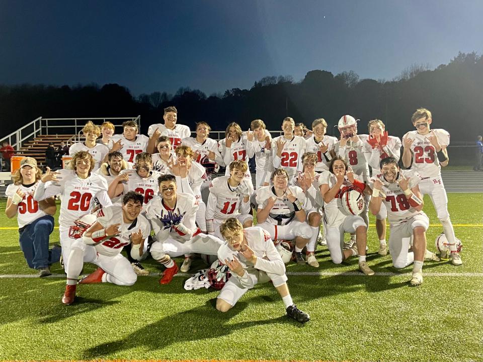 The Red Hook football team poses as it celebrates a 21-13 upset of Marlboro in the Section 9 Class B semifinals on Saturday.