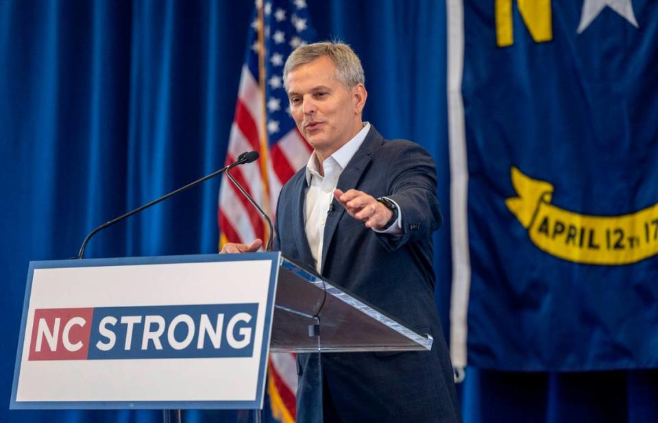 North Carolina Attorney General Josh Stein kicks off his campaign for governor during a rally at C.C. Spaulding Gymnasium on the campus of Shaw University in downtown Raleigh on Tuesday, October 10, 2023.