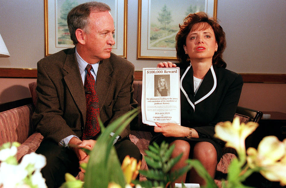 John and Patsy Ramsey, the parents of JonBenét Ramsey, meet with local Colorado media on May 1, 1997 in Boulder. Patsy holds up a reward sign for information leading to the arrest of their daughter's murderer.<span class="copyright">Helen H. Richardson—The Denver Post/Getty Images</span>