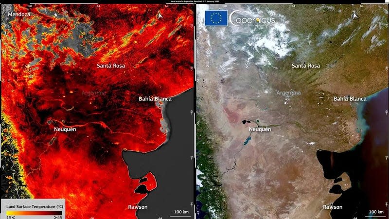 A cloudless view (right) and land surface temperature (left) of southern Argentina.