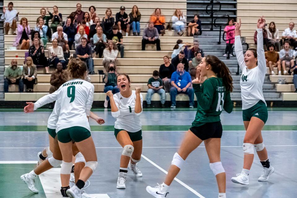 Dartmouth celebrates a point.