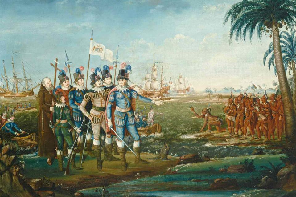 <p>Heritage Art/Heritage Images via Getty</p> First Landing of Christopher Columbus