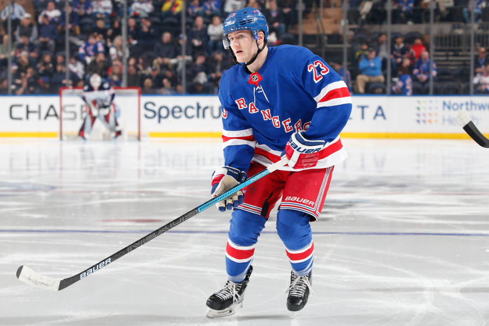 Adam Fox #23 of the New York Rangers skates against the Columbus Blue Jackets 