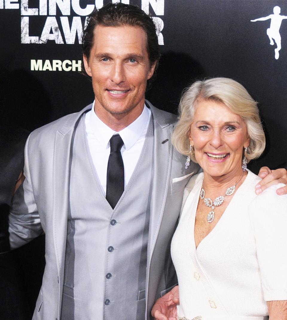 Matthew McConaughey and mom Mary Kathleen McCabe arrive at the Los Angeles Premiere of "The Lincoln Lawyer" at the ArcLight Hollywood on March 10, 2011 in Hollywood, California.