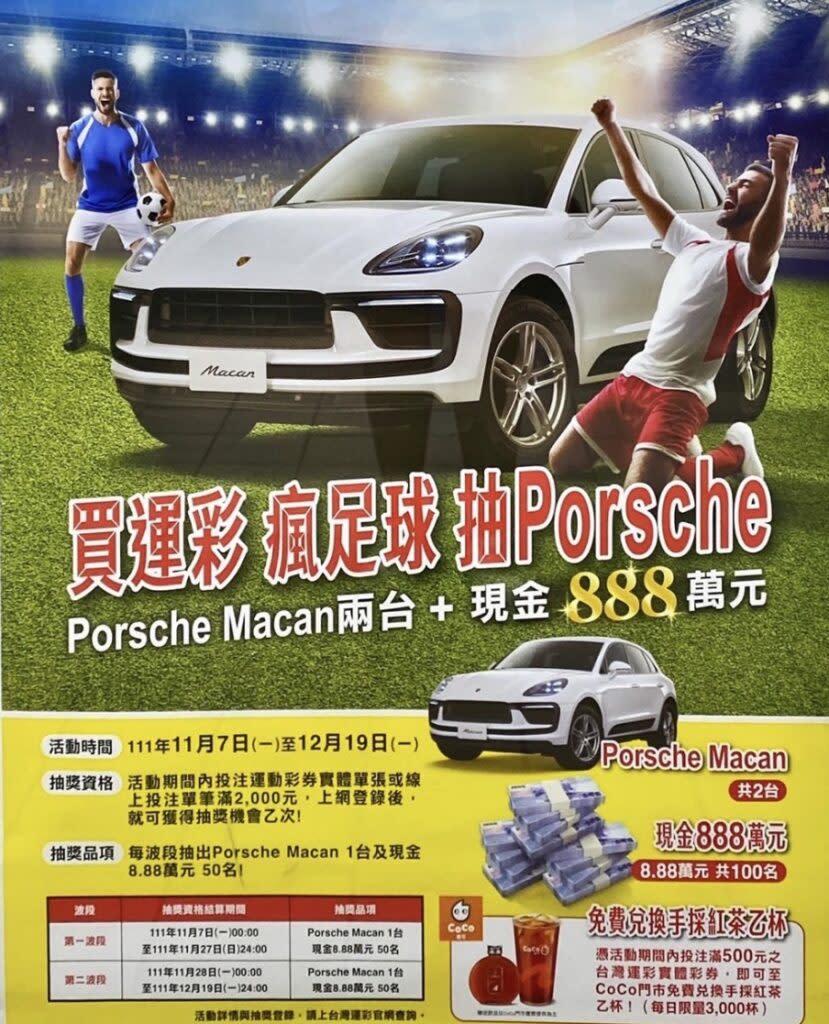 台灣運彩「買運彩  瘋足球  抽Porsche」抽獎活動。（運彩提供）