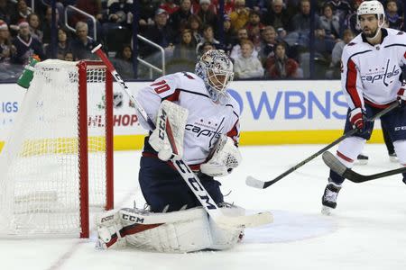 Dec 8, 2018; Columbus, OH, USA; Washington Capitals goalie Braden Holtby (70) makes a save against the Columbus Blue Jackets during the second period at Nationwide Arena. Russell LaBounty-USA TODAY Sports