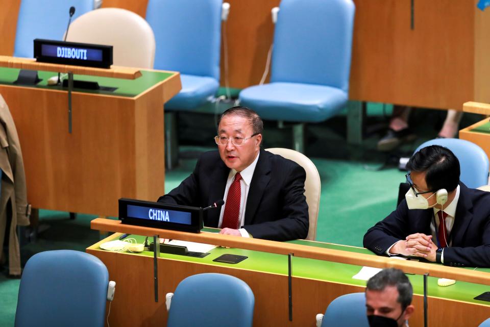 Zhang Jun L, China's permanent representative to the United Nations, delivers a speech on behalf of 75 countries to the General Debate of the Third Committee of the UN General Assembly at the UN headquarters in New York, Oct. 1, 2021. (Photo by Wang Ying/Xinhua via Getty Images)