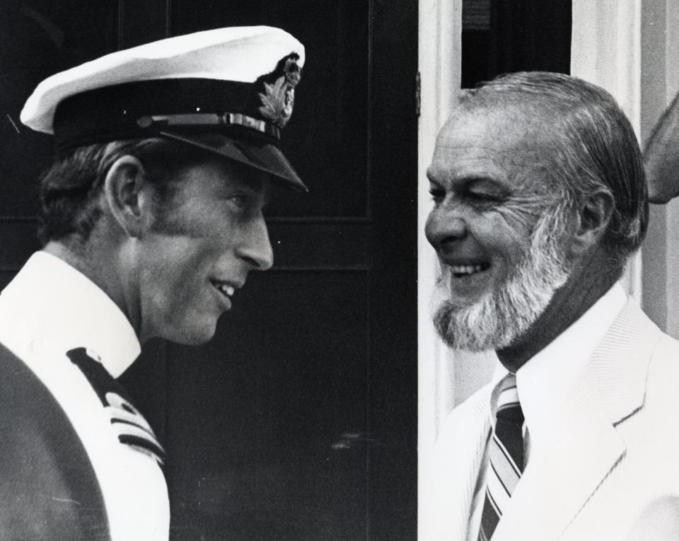 Portsmouth Mayor Arthur Brady Jr., right, and Prince Charles stand at the entry of the Governor Goodwin Mansion in Strawbery Banke. Portsmouth Athenaeum member Robert "Bob" Chase managed to crash the invitation-only reception in August 1973.