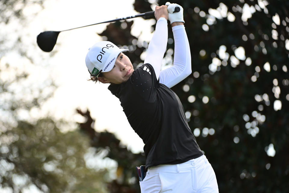 Hinako Shibuno of Japan plays her shot from the fifth tee during the first round of The ANNIKA driven by Gainbridge at Pelican Golf Club on November 09, 2023, in Belleair, Florida. (Photo by Julio Aguilar/Getty Images)