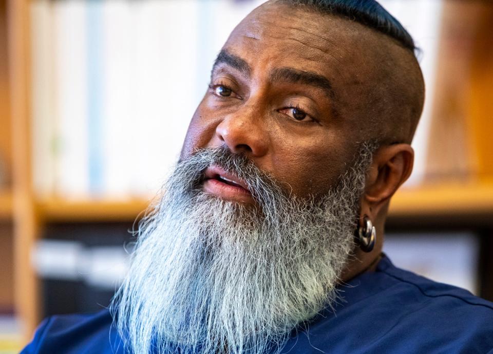 Registered Nurse André Chambers talks about some of the struggles he's endured in his life while taking a break from his work at the Betty Ford Center in Rancho Mirage, Calif., Thursday, July 6, 2023.
