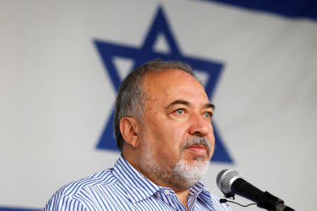 Israeli Defense Minister Avigdor Lieberman visits Gaza's Kerem Shalom crossing, the strip's main commercial border terminal, July 22, 2018. REUTERS/Amir Cohen