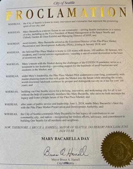 Mayor Bruce Harrell named June 1 "Mary Bacarella Day" in the city of Seattle honoring Monroe native Mary Bacarella.