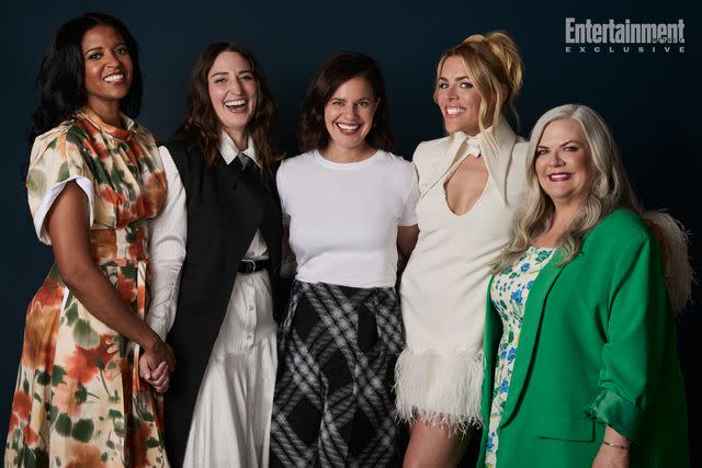 <p>JSquared Photography/NBCUniversal</p> 'Girls5eva' stars Renée Elise Goldsberry and Sara Bareilles, creator Meredith Scardino, stars Busy Philipps and Paula Pell