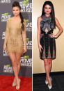 <a href="http://uk.lifestyle.yahoo.com/selena-gomez-bindi-the-ellen-show-mtv-movie-awards-hindu-community--102754112.html" data-ylk="slk:Selena Gomez;elm:context_link;itc:0;sec:content-canvas;outcm:mb_qualified_link;_E:mb_qualified_link;ct:story;" class="link  yahoo-link">Selena Gomez</a> wore a <a href="http://uk.lifestyle.yahoo.com/photos/celebrities-metallic-fashion-trend-clothes-outfit-style-slideshow/" data-ylk="slk:metallic;elm:context_link;itc:0;sec:content-canvas;outcm:mb_qualified_link;_E:mb_qualified_link;ct:story;" class="link  yahoo-link">metallic</a> Julien Macdonald mini-dress to the <a href="http://uk.lifestyle.yahoo.com/photos/mtv-movie-awards-red-carpet-fashion-1366015303-slideshow/" data-ylk="slk:MTV Movie Awards;elm:context_link;itc:0;sec:content-canvas;outcm:mb_qualified_link;_E:mb_qualified_link;ct:story;" class="link  yahoo-link">MTV Movie Awards</a> in LA (left) and a cut-out Etro frock in New York.<br><br>[Getty/Rex]