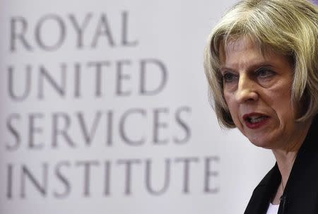 Britain's Home Secretary Theresa May delivers a speech at RUSI (Royal United Services Institute) in central London, November 24, 2014. REUTERS/Toby Melville